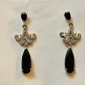 Elegant black prong set and pave Austrian crystals pierced earrings silverplated